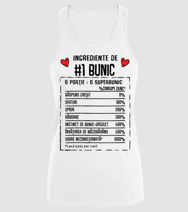 Ingrediente Bunic - o porție : un superbunic - %consum zilnic* răspuns greșit, sfaturi, umor, răbdare, instinct de bunic-ursuleț model alb pe tricou