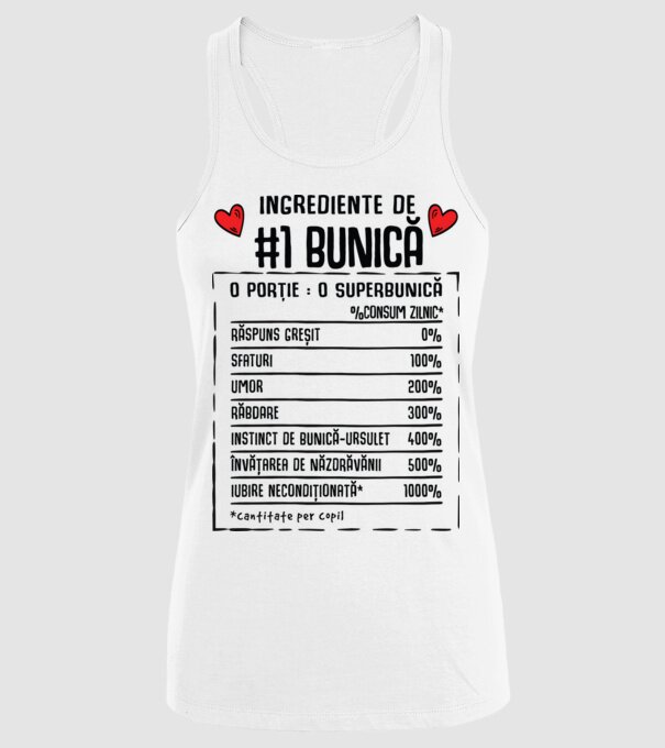 Ingrediente Bunică - o porție : o superbunică - %consum zilnic* răspuns greșit, sfaturi, umor, răbdare, instinct de bunică-ursul model alb pe tricou
