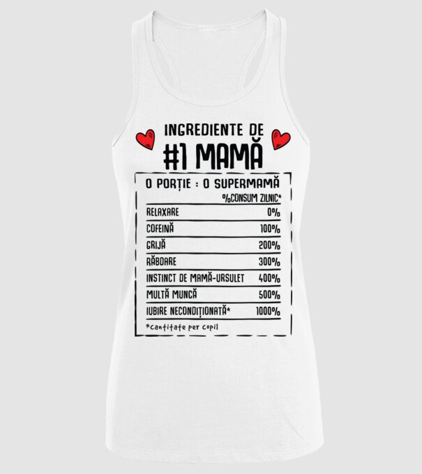 Ingrediente de Mamă - o porție : o supermamă - %consum zilnic* relaxare, cofeină, grijă, răbdare, instinct de mamă-ursuleț, mult model alb pe tricou
