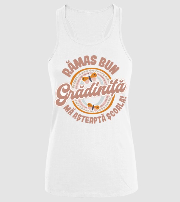Rămas bun grădiniță, mă așteaptă școala! model alb pe tricou