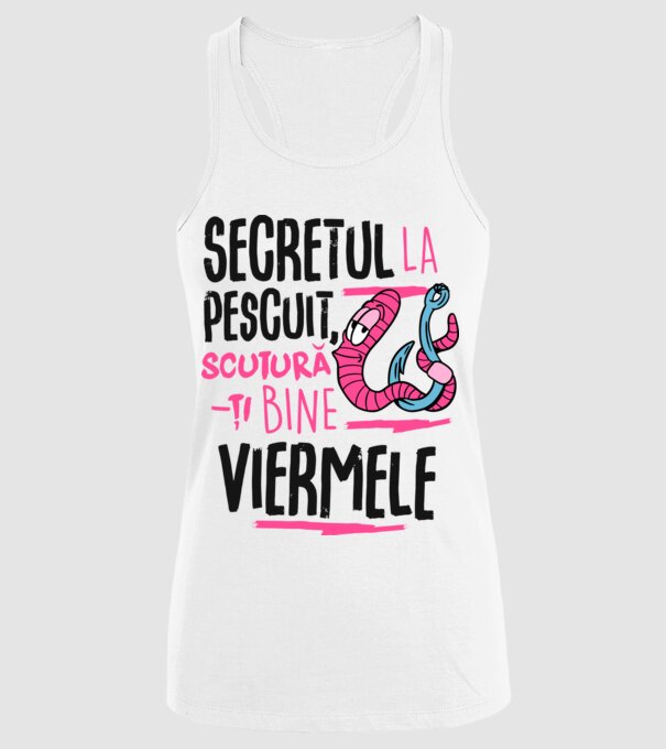 Secretul la pescuit scutură-ți bine viermele model alb pe tricou
