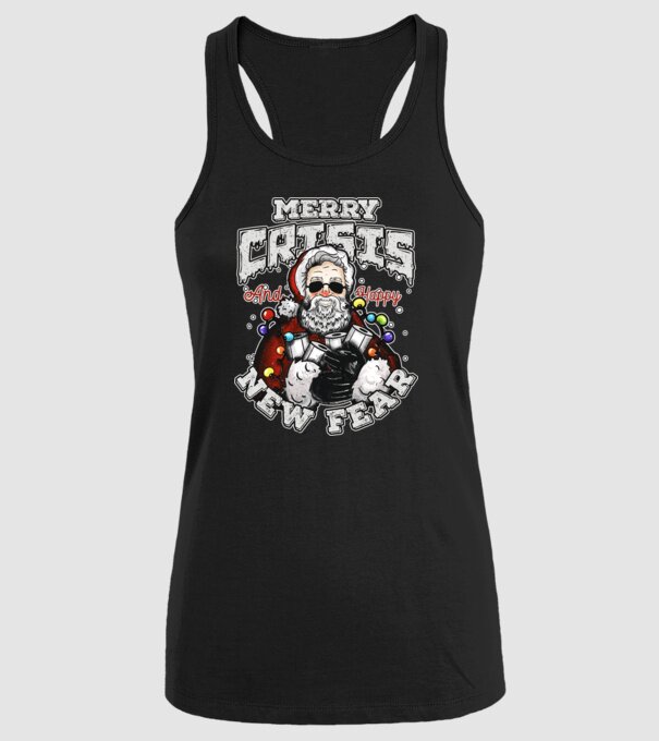 Merry Crisis and Happy New Fear model negru pe tricou
