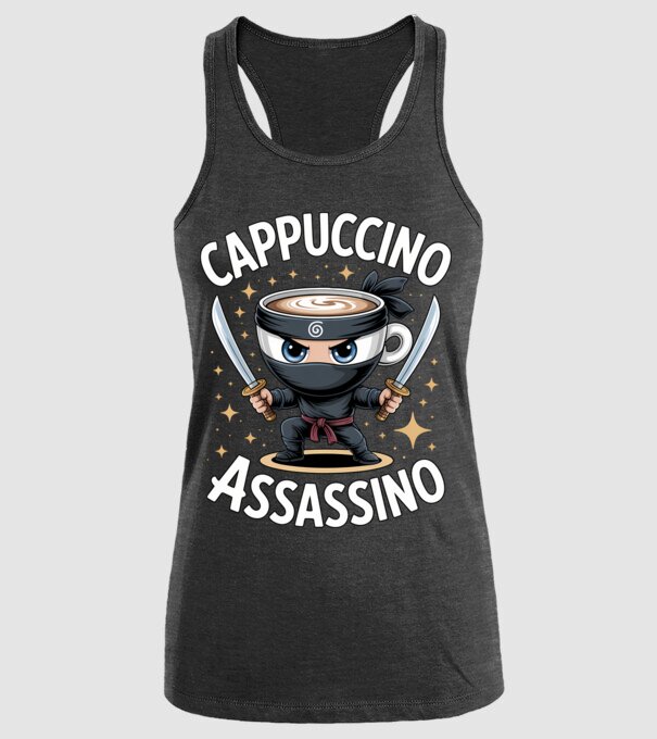 Cappuccino Assassino model negru pe tricou