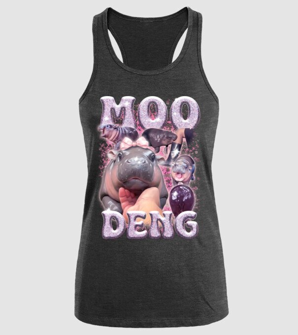 MOO DENG baby hippo model negru pe tricou