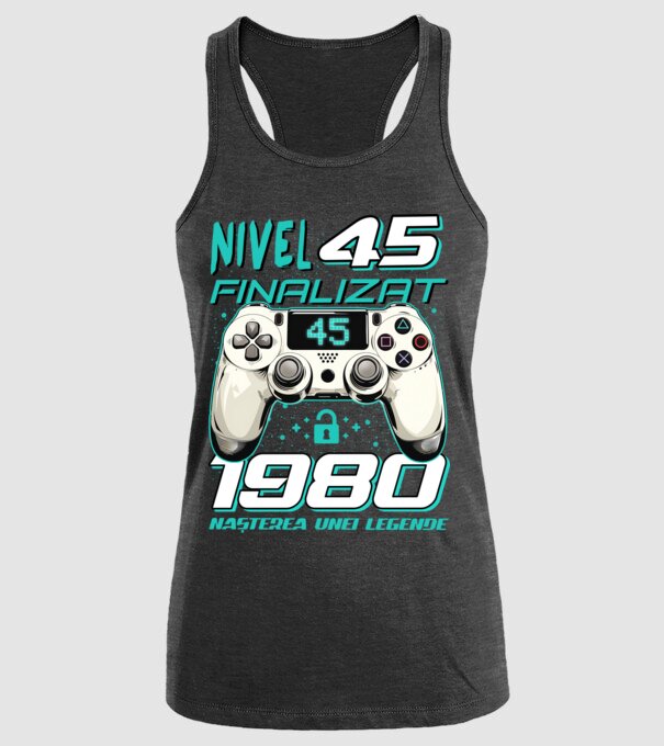 Nivel finalizat 45 1980 model negru pe tricou