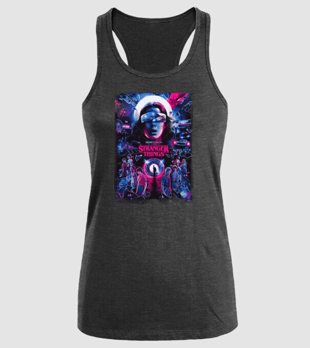 stranger things poster neon model negru pe tricou