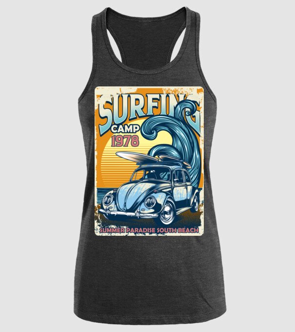 Surfer Camp model negru pe tricou