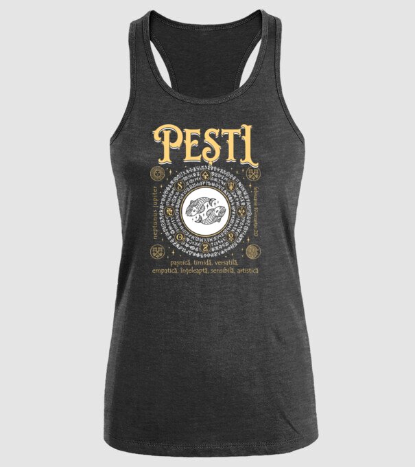 Zodiac femeie PEȘTI golden model negru pe tricou