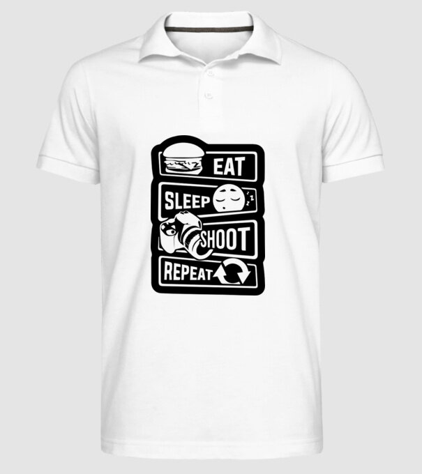 eat sleep shoot repeat model alb pe tricou