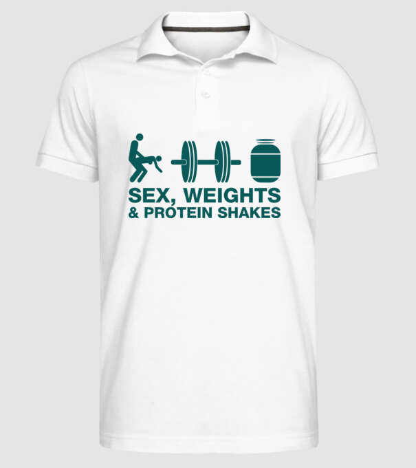 Sex, weights and protein shakes model alb pe tricou
