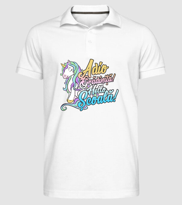Adio grădiniță! Hello școală! model alb pe tricou