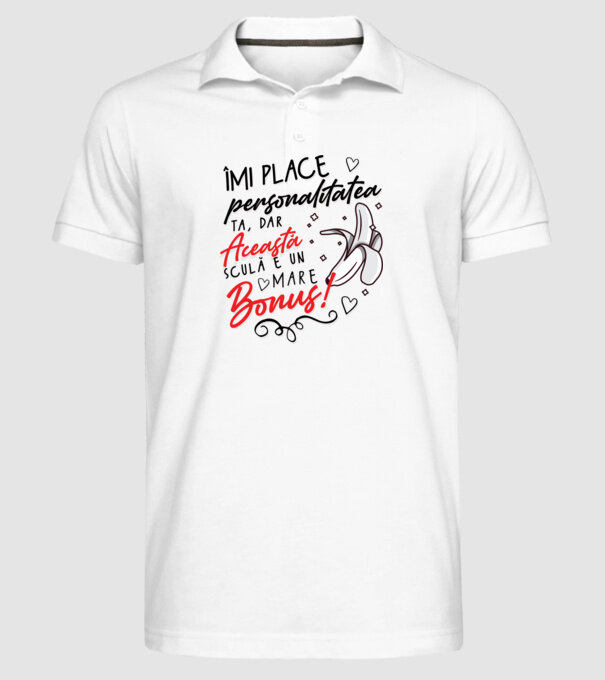 Dar această sculă e un mare bonus! model alb pe tricou