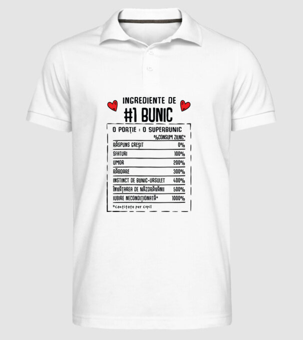 Ingrediente Bunic - o porție : un superbunic - %consum zilnic* răspuns greșit, sfaturi, umor, răbdare, instinct de bunic-ursuleț model alb pe tricou