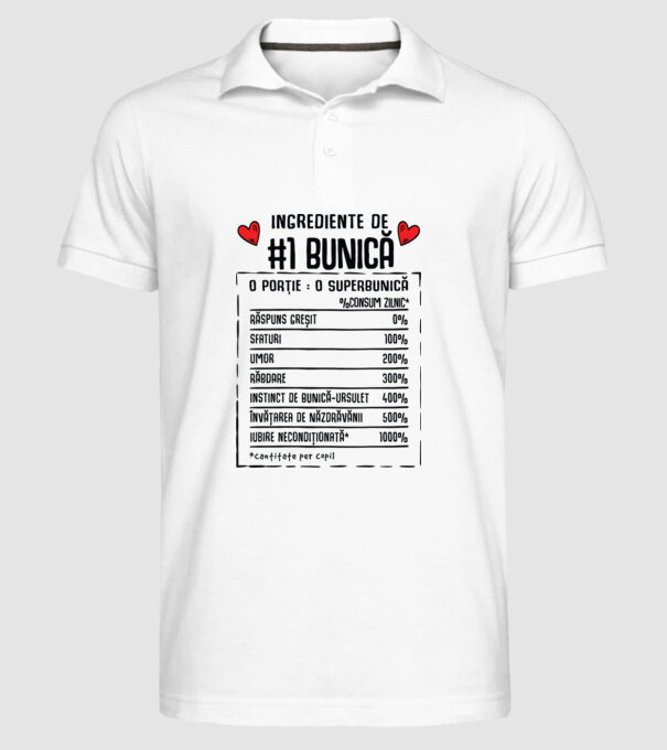 Ingrediente Bunică - o porție : o superbunică - %consum zilnic* răspuns greșit, sfaturi, umor, răbdare, instinct de bunică-ursul model alb pe tricou