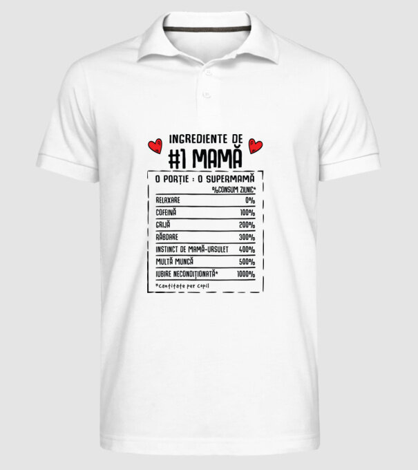 Ingrediente de Mamă - o porție : o supermamă - %consum zilnic* relaxare, cofeină, grijă, răbdare, instinct de mamă-ursuleț, mult model alb pe tricou