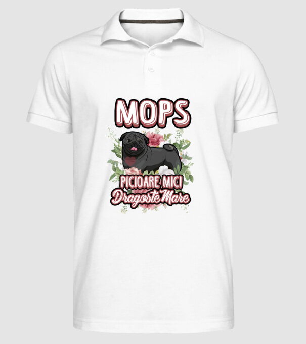 Mops negru picioare mici dragoste mare model alb pe tricou