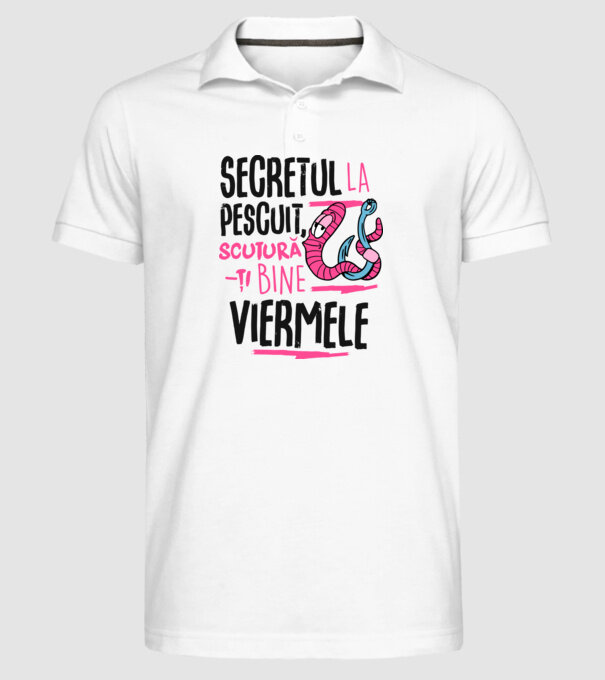 Secretul la pescuit scutură-ți bine viermele model alb pe tricou