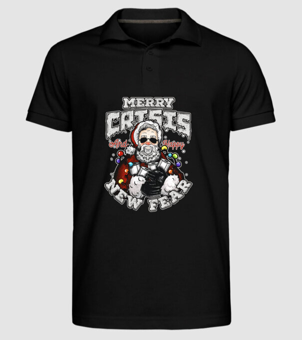 Merry Crisis and Happy New Fear model negru pe tricou