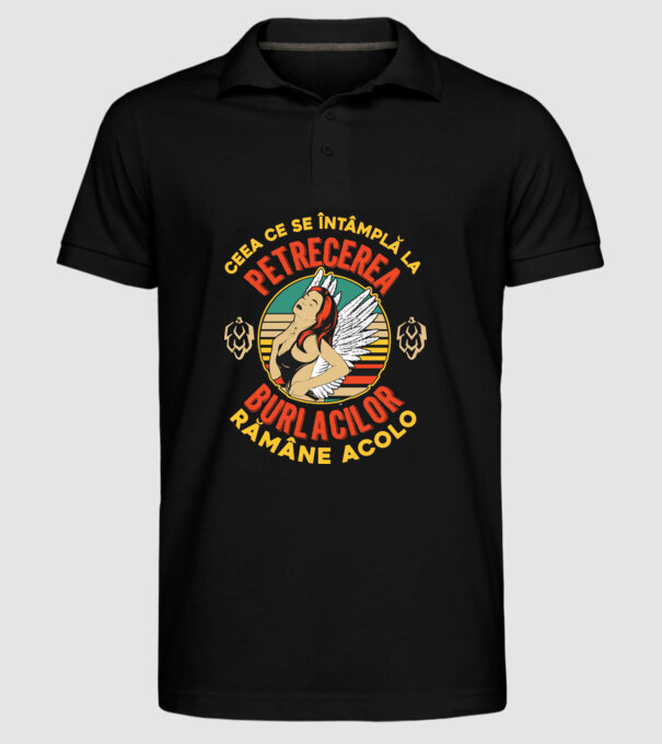 Ceea ce se întâmplă la petrecerea burlacilor rămâne la petrecerea burlacilor model negru pe tricou