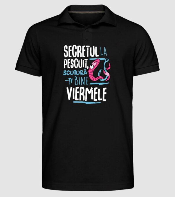Secretul la pescuit scutură-ți bine viermele model negru pe tricou