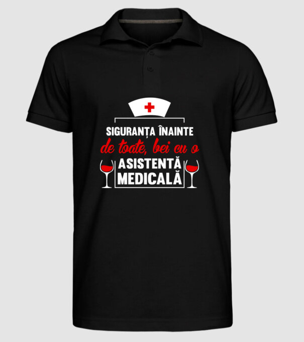Siguranța înainte de toate, bei cu o asistentă medicală model negru pe tricou