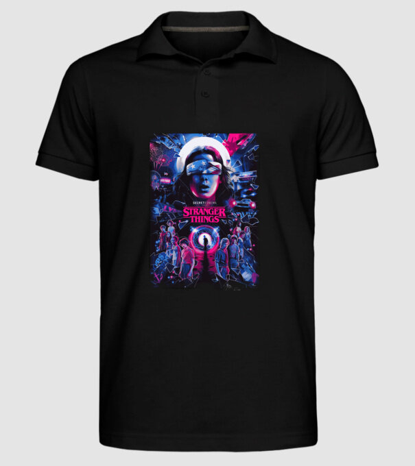 stranger things poster neon model negru pe tricou