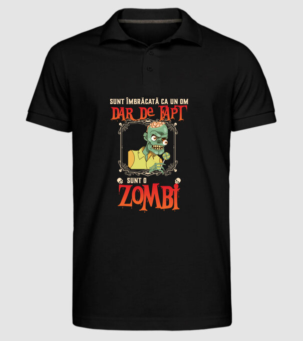 sunt îmbrăcat ca un om, dar de fapt sunt un zombi model negru pe tricou