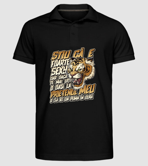 Știu că e foarte sexy, dar dacă te mai uiți o dată la prietenul meu, o să iei un pumn în gură model negru pe tricou