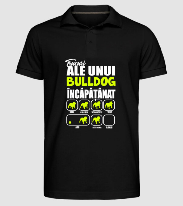trucuri ale unui bulldog englezesc încăpățânat stai, culcă-te, întoarce-te, vino, adu, bate palma, rămâi model negru pe tricou