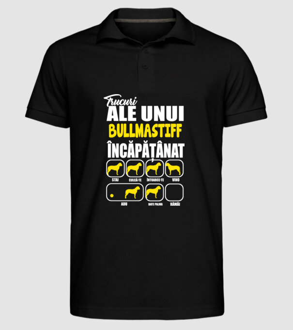 trucuri ale unui bullmastiff încăpățânat stai, culcă-te, întoarce-te, vino, adu, bate palma, rămâi model negru pe tricou
