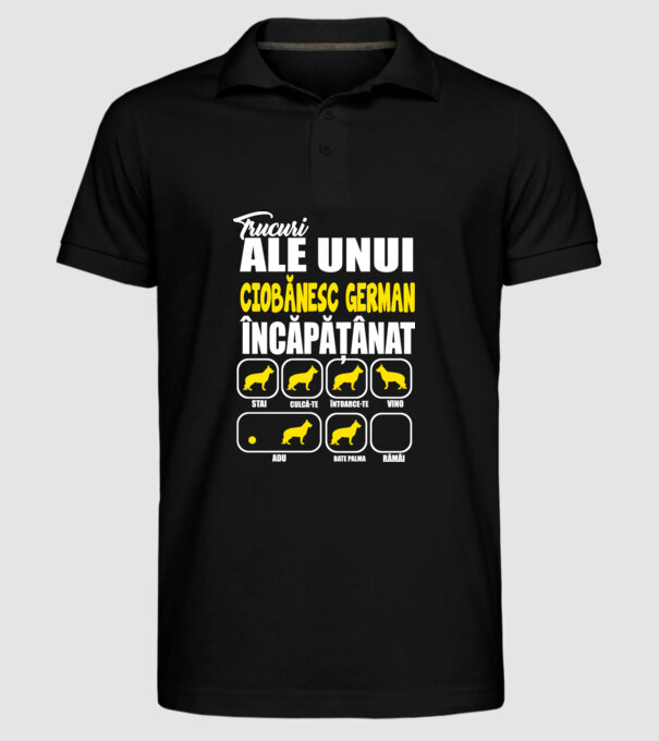 trucuri ale unui ciobănesc german încăpățânat stai, culcă-te, întoarce-te, vino, adu, bate palma, rămâi model negru pe tricou