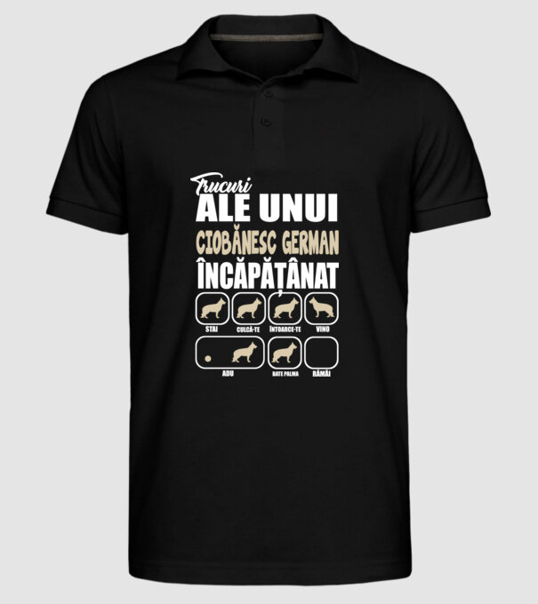 trucuri ale unui ciobănesc german încăpățânat stai, culcă-te, întoarce-te, vino, adu, bate palma, rămâi model negru pe tricou