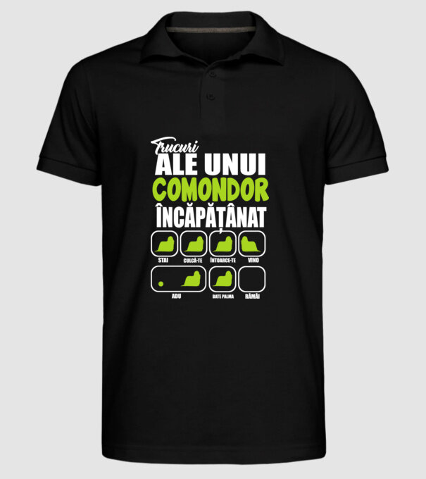 trucuri ale unui comondor încăpățânat stai, culcă-te, întoarce-te, vino, adu, bate palma, rămâi model negru pe tricou