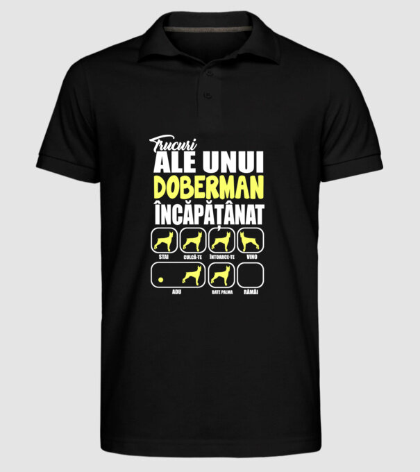 trucuri ale unui doberman încăpățânat stai, culcă-te, întoarce-te, vino, adu, bate palma, rămâi model negru pe tricou