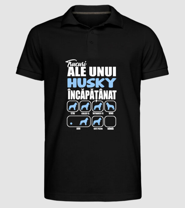 trucuri ale unui husky încăpățânat stai, culcă-te, întoarce-te, vino, adu, bate palma, rămâi model negru pe tricou