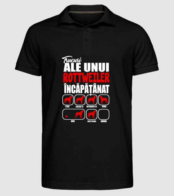 Trucuri ale unui rottweiler încăpățânat stai, culcă-te, întoarce-te, vino, adu, bate palma, rămâi model negru pe tricou