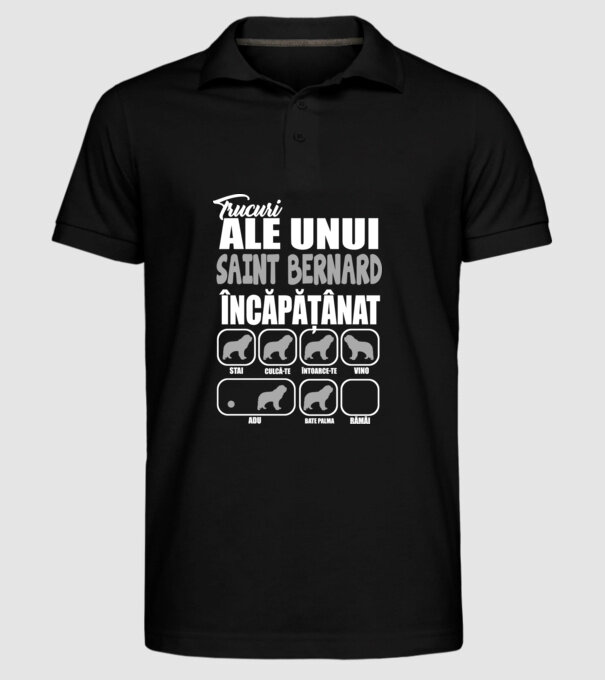 trucuri ale unui Saint Bernard încăpățânat stai, culcă-te, întoarce-te, vino, adu, bate palma, rămâi model negru pe tricou
