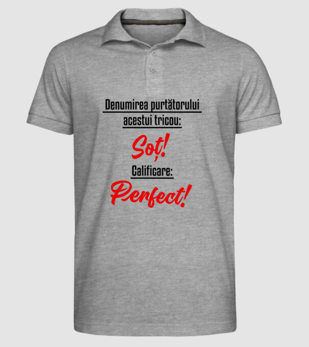 Denumirea purtătorului acestui tricou: Soț! Calificare: Perfect! model gri pe tricou