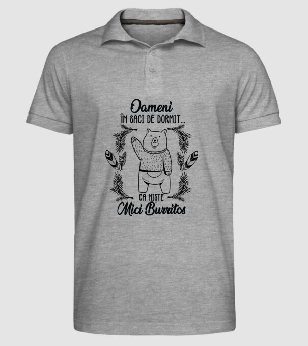 oameni în saci de dormit... ca niște mici burritos model gri pe tricou