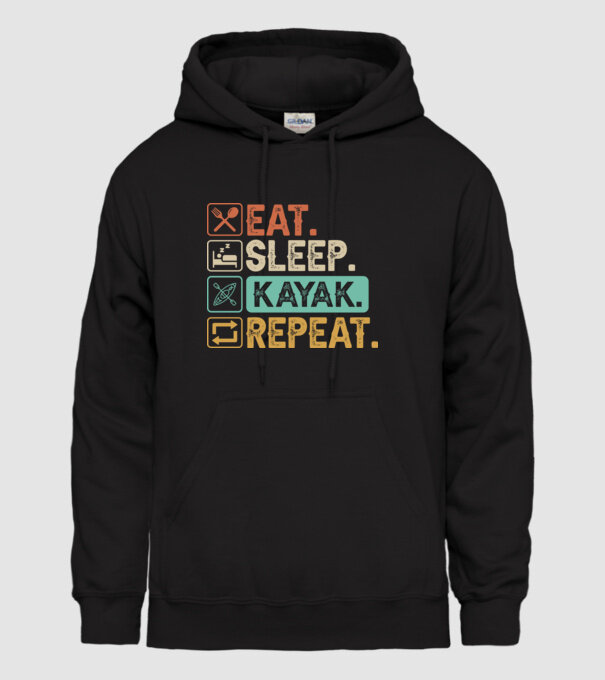 Eat Sleep Kayak model negru pe tricou