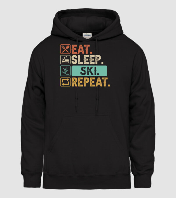 Eat Sleep SKI Repeat model negru pe tricou