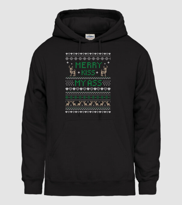 Merry kiss my ass ugly sweater model negru pe tricou