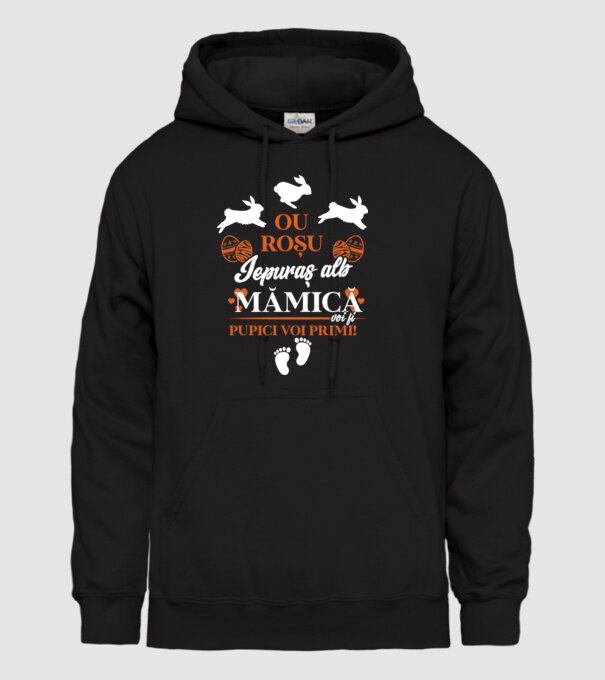 Ou roșu, iepuraș alb, mămică voi fi pupici voi primi! model negru pe tricou