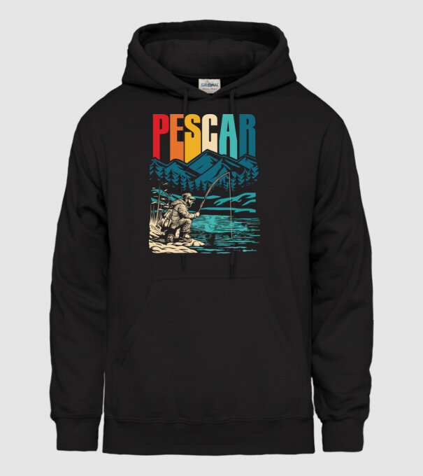 Pescar retro model negru pe tricou