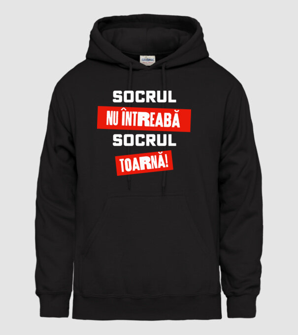 Socrul nu întreabă, socrul toarnă! model negru pe tricou