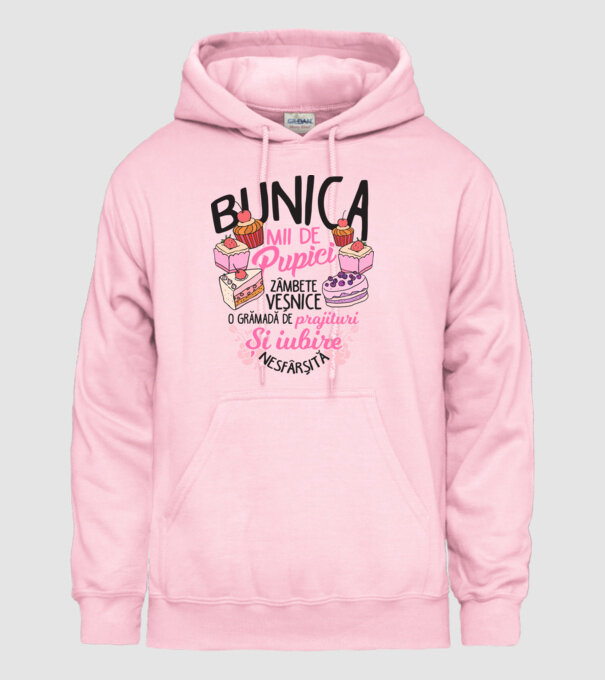 bunica - mii de pupici, zâmbete veșnice, o grămadă de prăjituri și iubire nesfârșită model roz deschis pe tricou