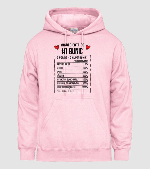 Ingrediente Bunic - o porție : un superbunic - %consum zilnic* răspuns greșit, sfaturi, umor, răbdare, instinct de bunic-ursuleț model roz deschis pe tricou