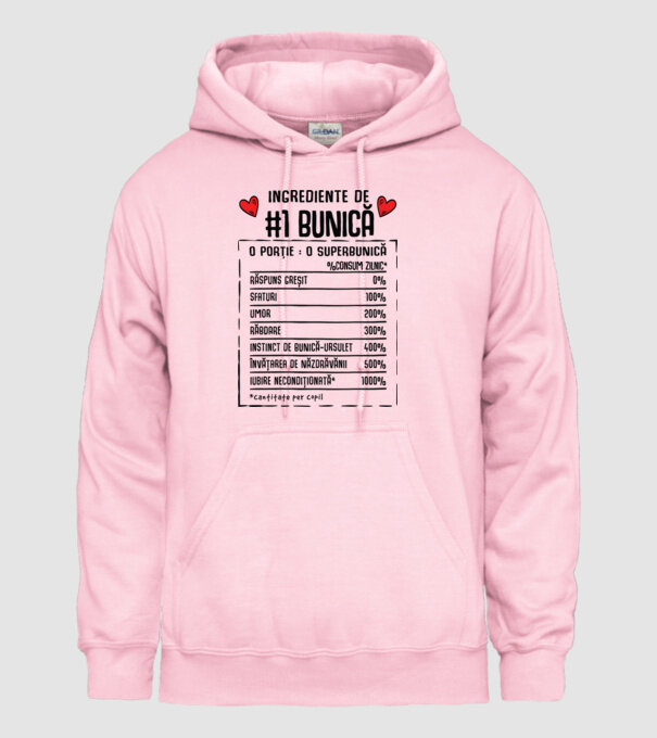 Ingrediente Bunică - o porție : o superbunică - %consum zilnic* răspuns greșit, sfaturi, umor, răbdare, instinct de bunică-ursul model roz deschis pe tricou