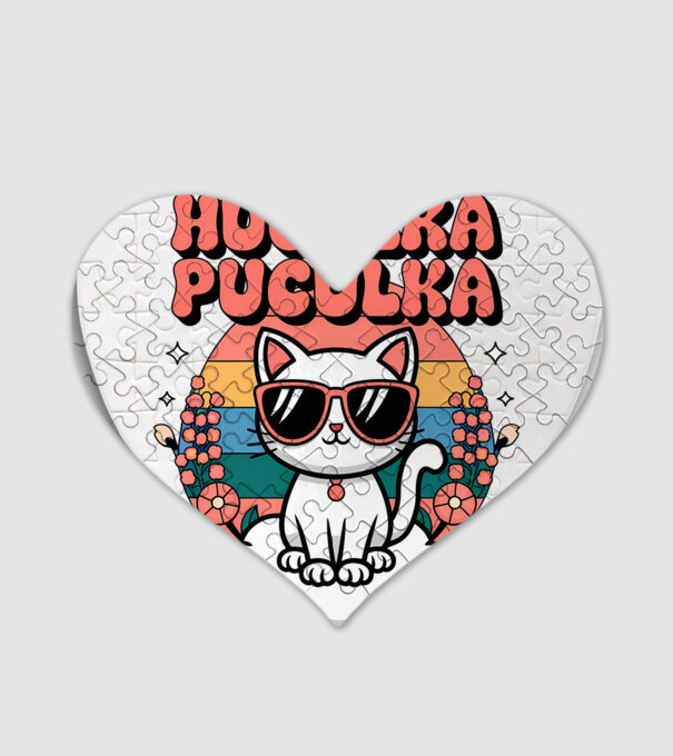 Huculka Puculka pisică 1 model alb pe tricou