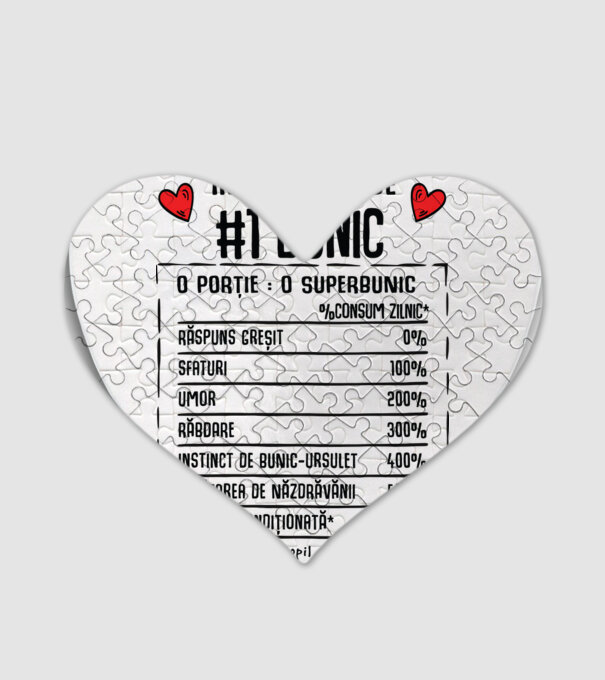 Ingrediente Bunic - o porție : un superbunic - %consum zilnic* răspuns greșit, sfaturi, umor, răbdare, instinct de bunic-ursuleț model alb pe tricou